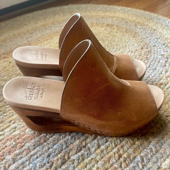Dansko Shoes - Dansko Cognac Leather Open-Toe Wedge Mules